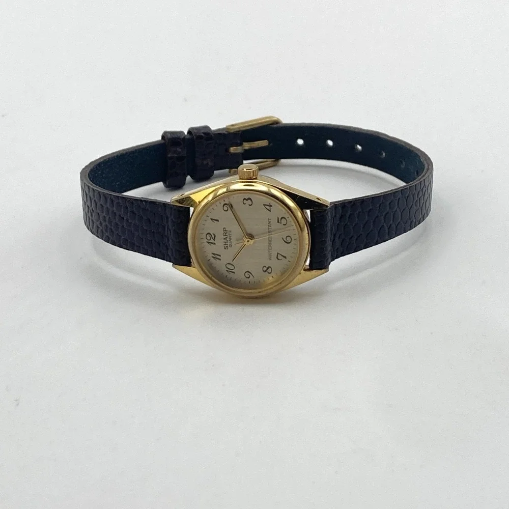 Vintage Sharp Women's Watch 21mm Gold Tone Leather Easy Reader New Battery SMALL